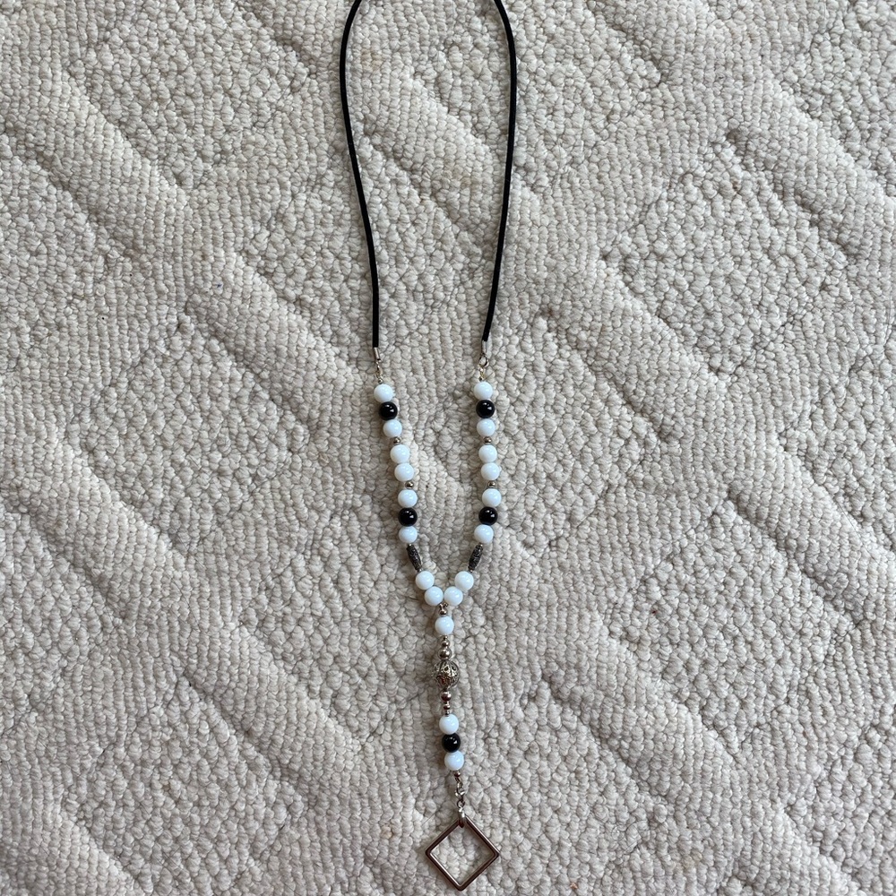 Black, White & Silvery Beaded Long Necklace
